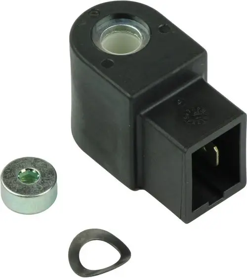 BOSCH Magnetspule in schwarzer Kunststoffhülle, mit zwei zusätzlichen Metallteilen, einer runden und einer dreieckigen Form, zur Verwendung in elektrischen Anwendungen.